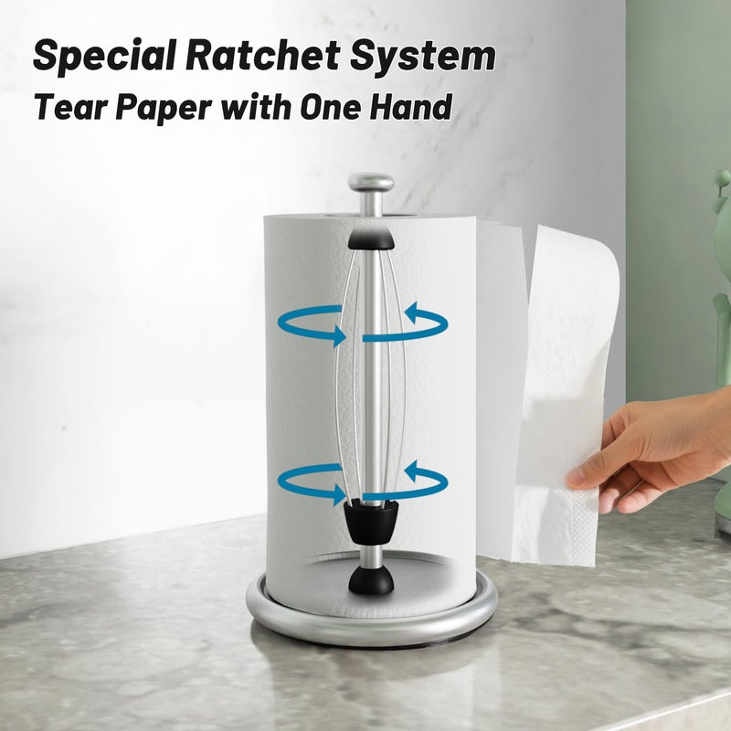 VEHHE Simply Tear Paper Towel Holder Countertop with EVA Non-Slip Pad, Damping Function Paper Towel Stand with Weighted Base for Bathroom and Kitchen (Silver) - Image 2